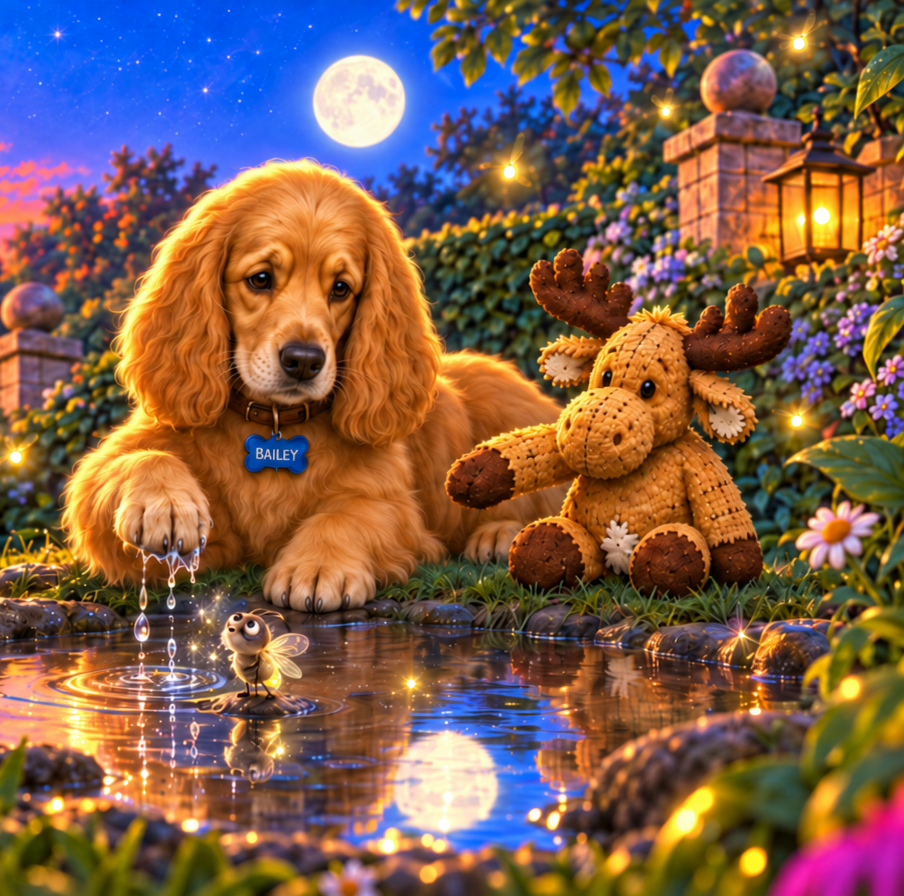 Bailey and Moose beside a moonlit pool with their little firefly friend.