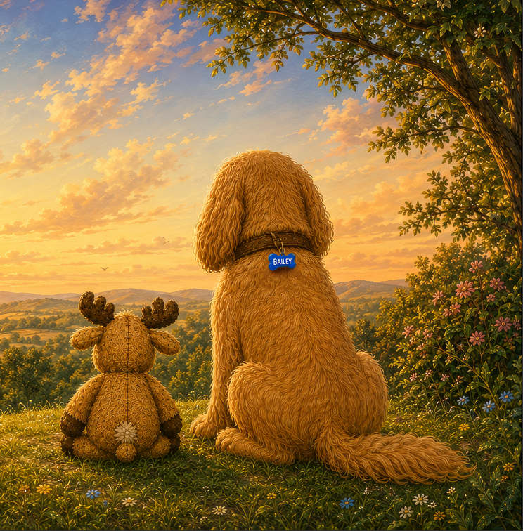 Bailey and his well-loved toy Moose sit side by side watching the sunset.