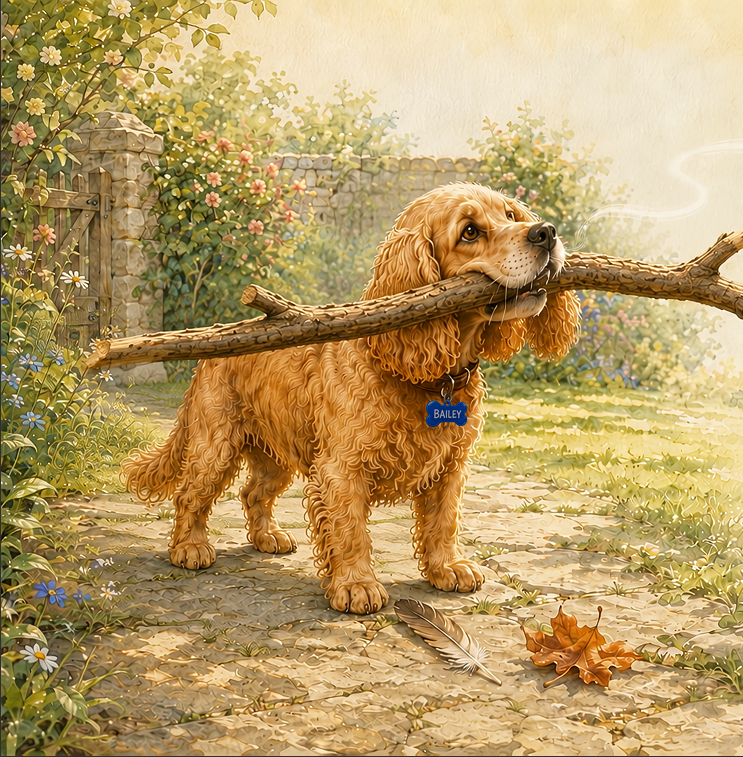 Bailey proudly carries an enormous stick along a sunny garden path.